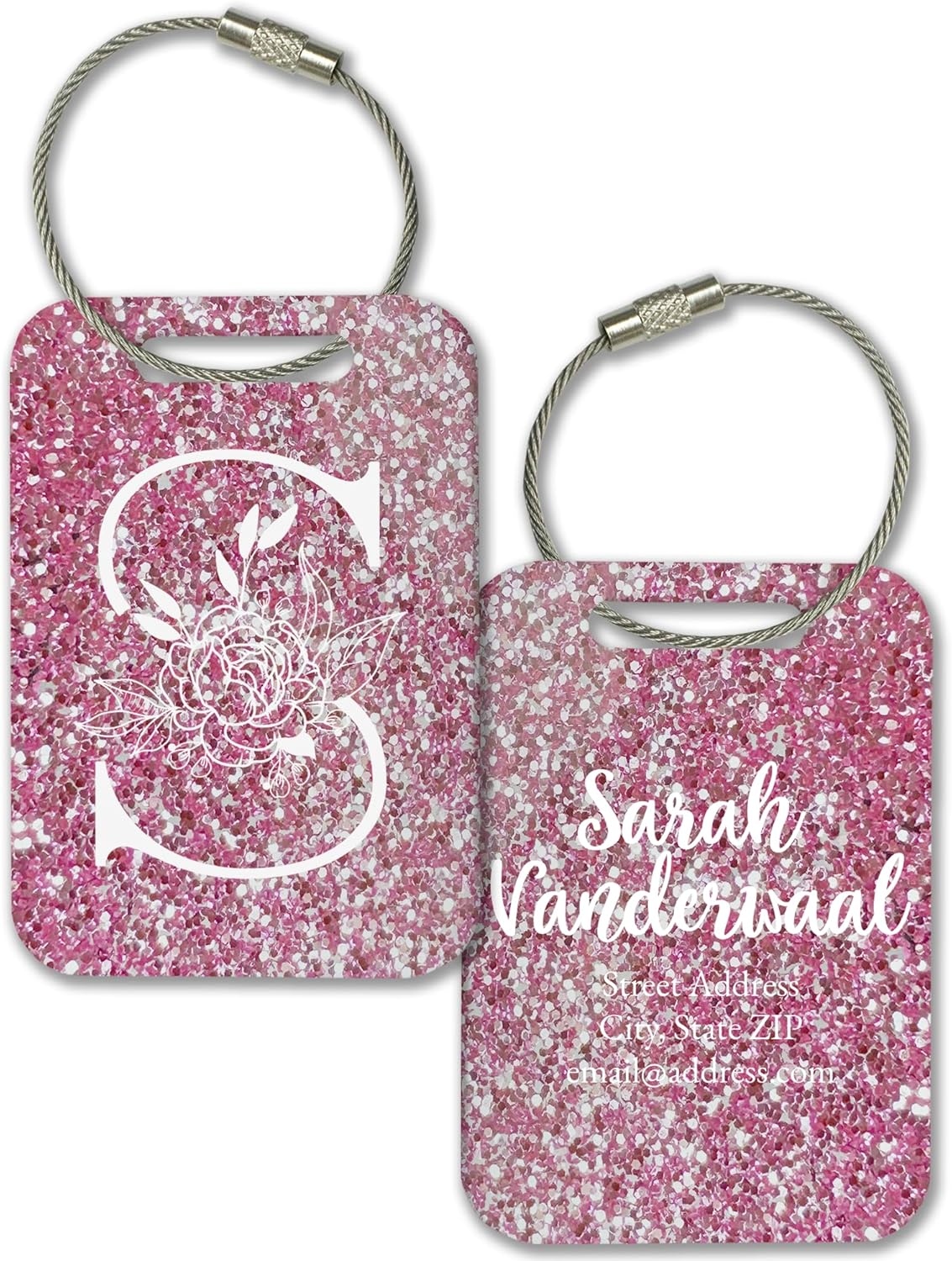 Personalized Monogram Name Tag for Luggage (3 or 6 Count Pack) | Custom Tag for Suitcase | Acrylic Name Tag for Travel | Choose Your Font & Color | Backpack ID Label (Monogram, Pink Glitter)