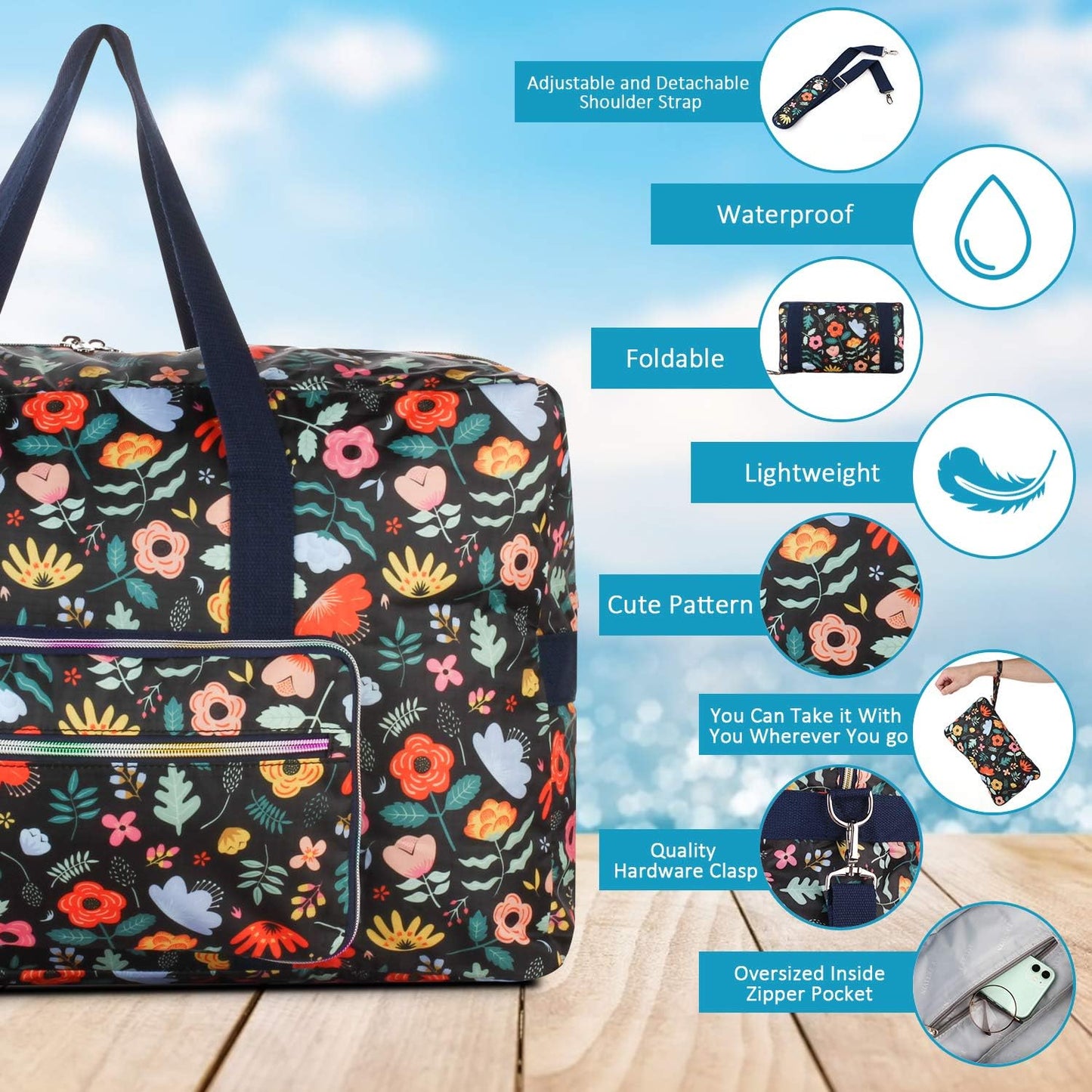 Travel Foldable Waterproof Duffel Bag - Lightweight Carry on Luggage Tote Duffel Bag(Black Floral)