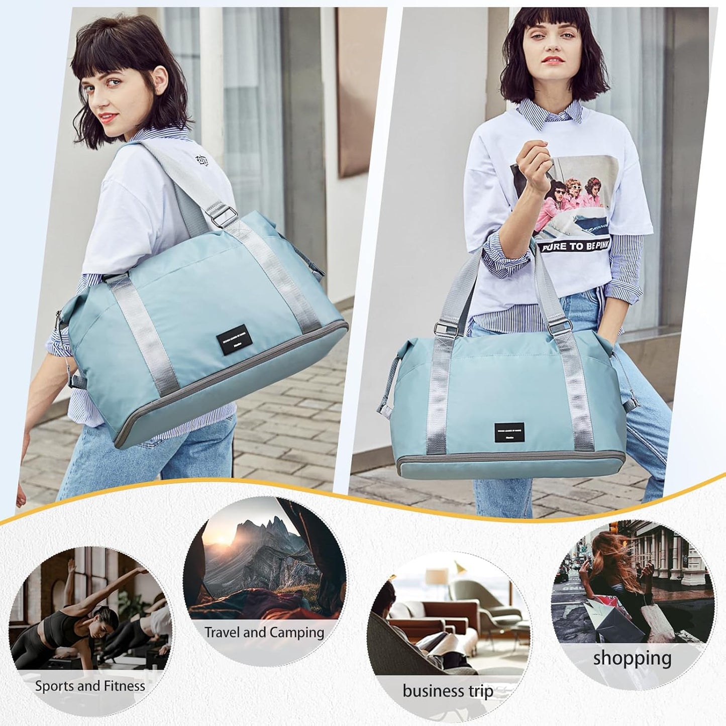 Hanke Expandable Travel Tote Bag 39L, Foldable Duffle Bag for Travel, Carry On Weekend Bags for Women With Multiple Pockets（Sky Blue）