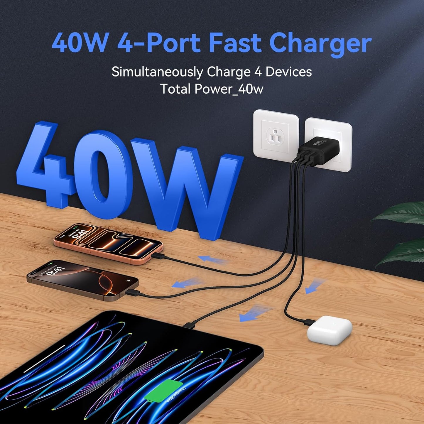 USB C Wall Fast Charger Block, 40W 4-Port Type C Chargers Fast Charging Blocks PD Power Charger Adapter+QC 3.0 USB Multiport Charger Brick for Phone 17/16/15/14/13/12 Pro Max, i-Pad, Galaxy S25-2Pack