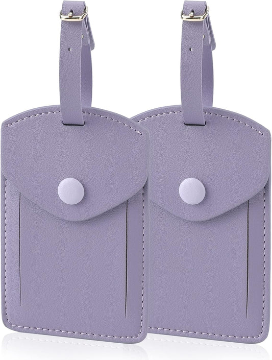 Kevancho Leather Luggage Tags for Men Women, Suitcase Labels Baggage Bag Tag ID Tags with Full Back Privacy Cover for Cruise Ships, Travel Accessories Tags Set of 2 PCS (Purple)