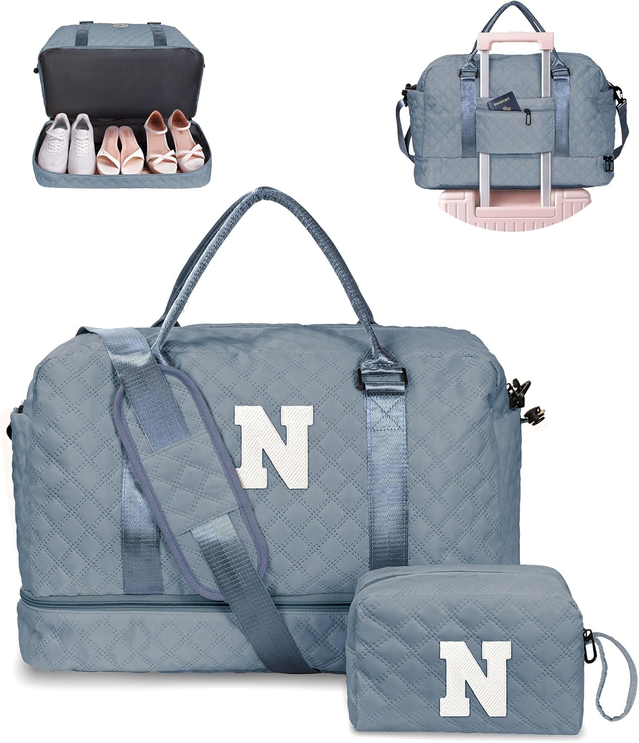 Gifts for Sister-Travel Bag for Women Shoe Compartment, Personalized Weekender Bag, Monogram Overnight Bag, Letter Travel Bag with Makeup Bag，Sister Friend Girlfriend Gifts (Letter N)