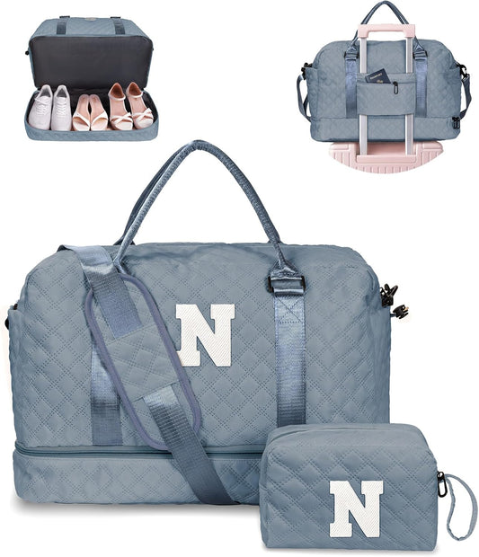Gifts for Sister-Travel Bag for Women Shoe Compartment, Personalized Weekender Bag, Monogram Overnight Bag, Letter Travel Bag with Makeup Bag，Sister Friend Girlfriend Gifts (Letter N)