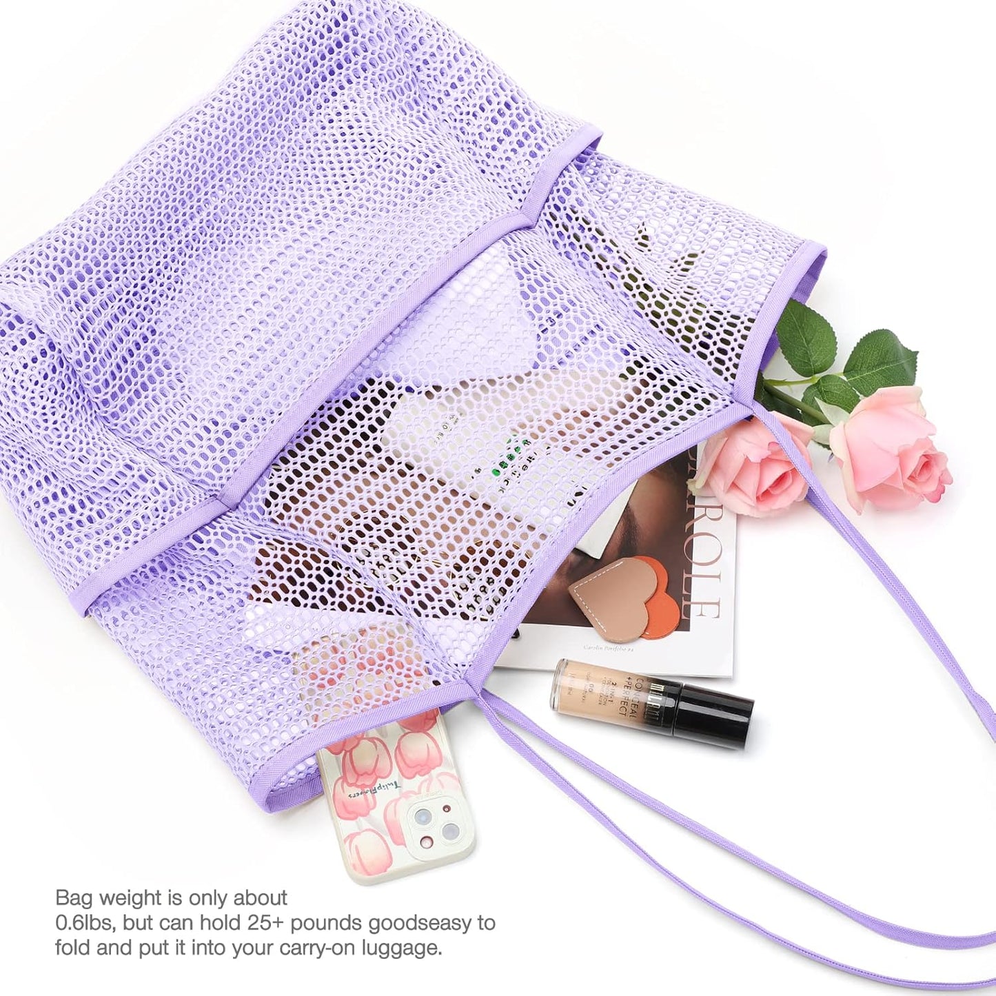 KPX Beach Bag with Mini Pocket, Beach Tote Bags for Women Large Foldable Mesh Swimming Pool Travel Bags - Sandproof
