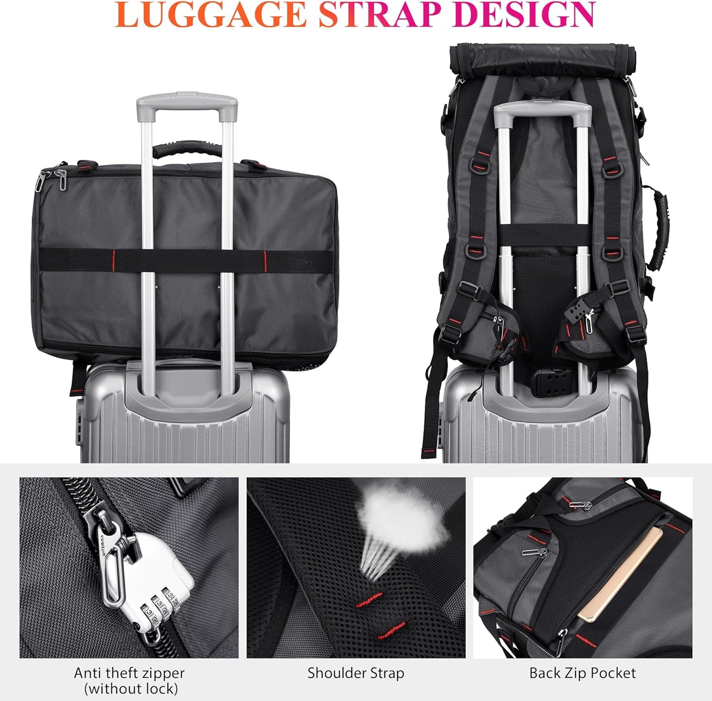 WITZMAN Carry on Travel Backpack for Men Women Airline Approved Convertible Nylon Duffle Backpack Luggage Bag (B682 Silvery Grey)