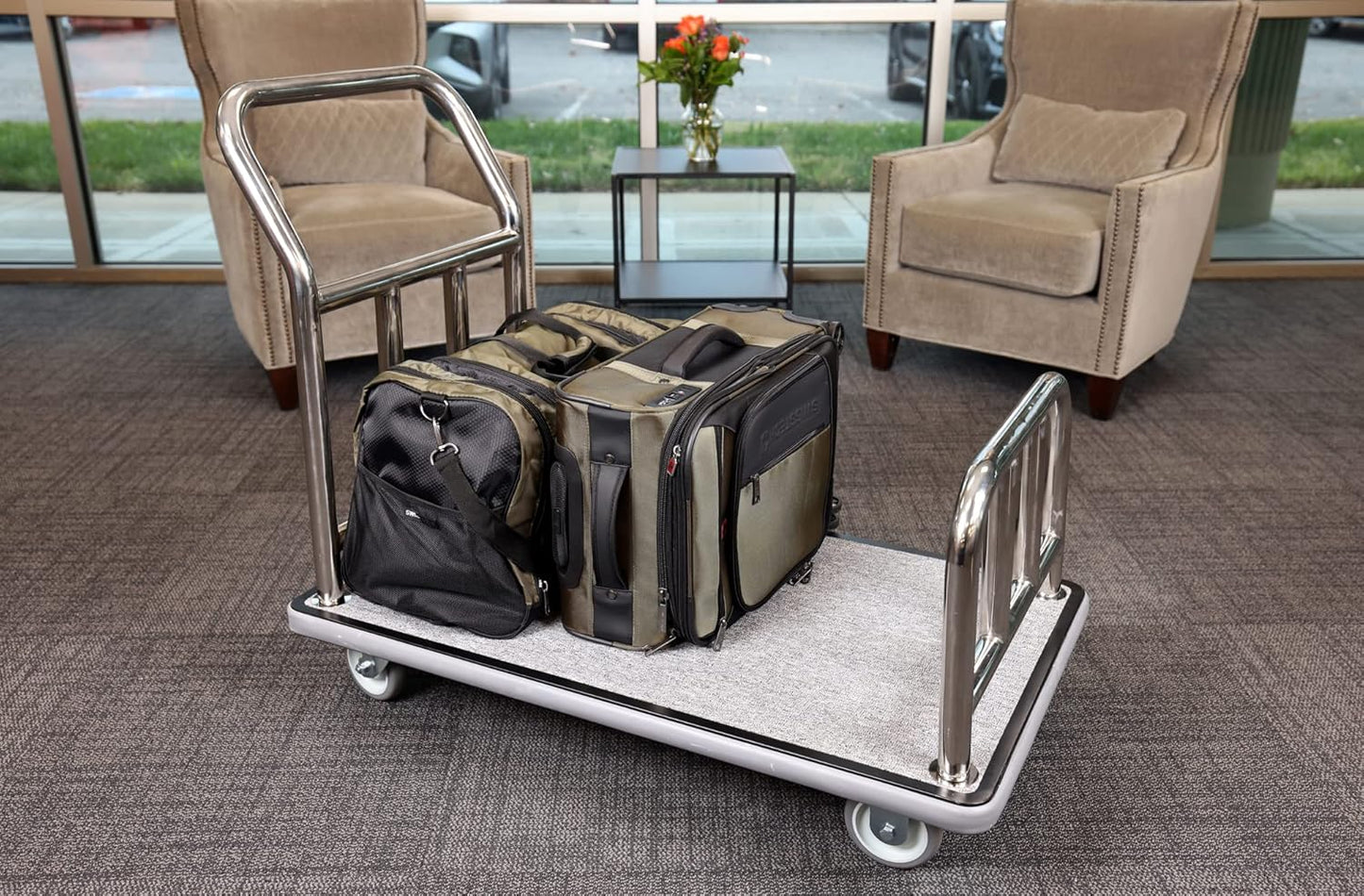 Value Valet Utility Cart - Stainless Steel Hotel Cart w/ Grey Carpet & 5" Wheels - Transporter Condo - Luggage Roller for Travel, Resorts, Conference & Residential Use