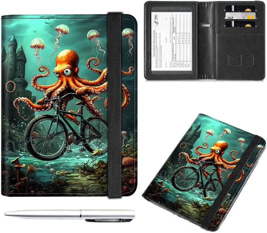 Passport and Vaccine Card Holder Cover Combo,Travel Passport Holder Wallet with RFID Blocking, Leather Vaccine Card Slot Passport Cover Case for Women & Men,Cute Octopus Riding Bicycle