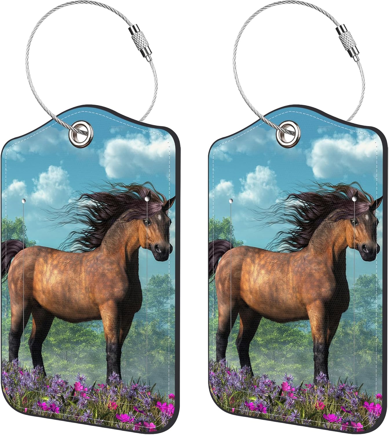 2 Pack Luggage Tags,Brown Pony PU Leather Idea Baggage Tag with ID Labels Privacy Cover Metal Ring Men and Women Travel Bag Labels