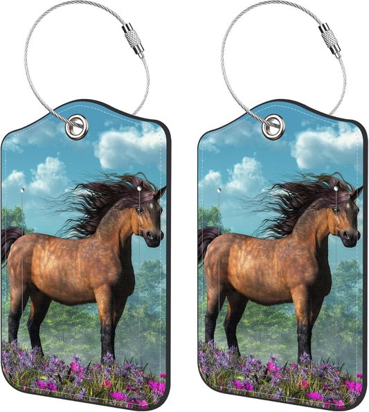 2 Pack Luggage Tags,Brown Pony PU Leather Idea Baggage Tag with ID Labels Privacy Cover Metal Ring Men and Women Travel Bag Labels
