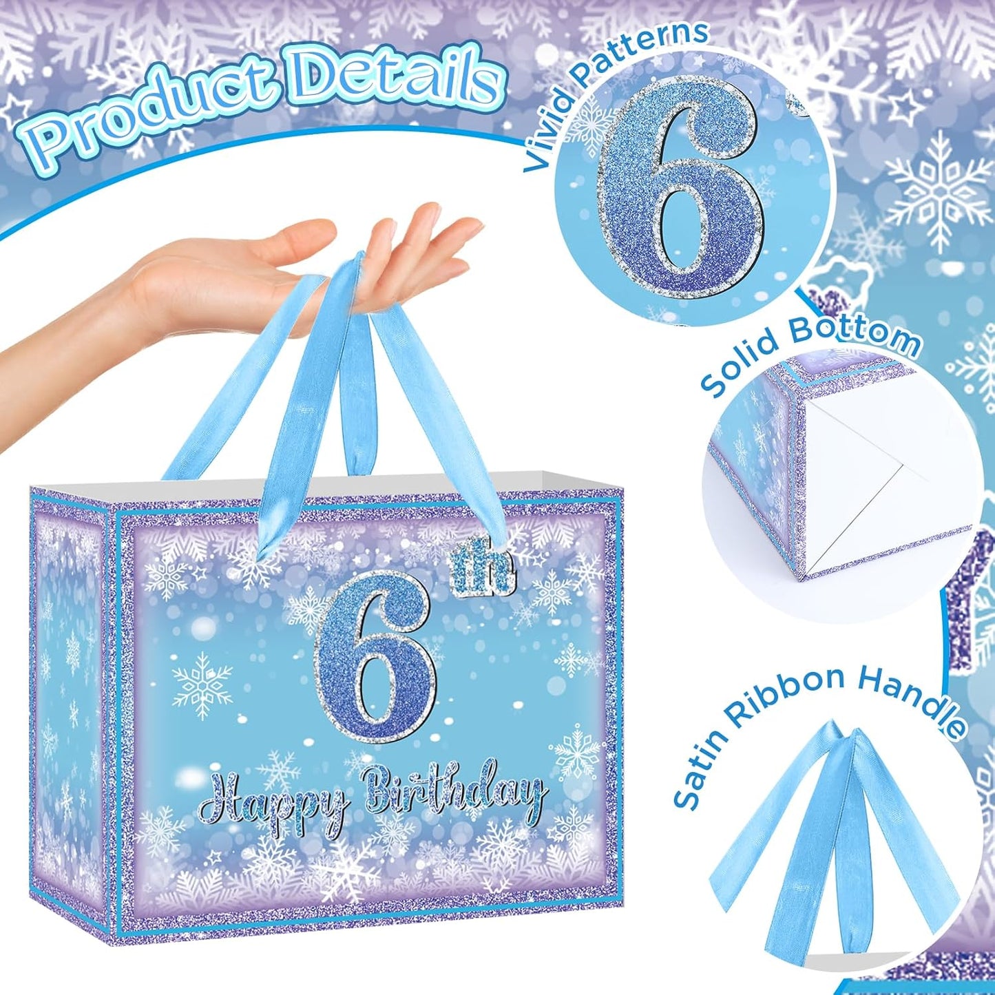 Frozen 6th Birthday Gift Bag for Girls, Large Purple Blue Snowflake Six Birthday Bags with Tissue Paper and Greeting Card Snow Frozen 6 Years Old Party Favor Bags for Girls 6th Bday Christmas Gift