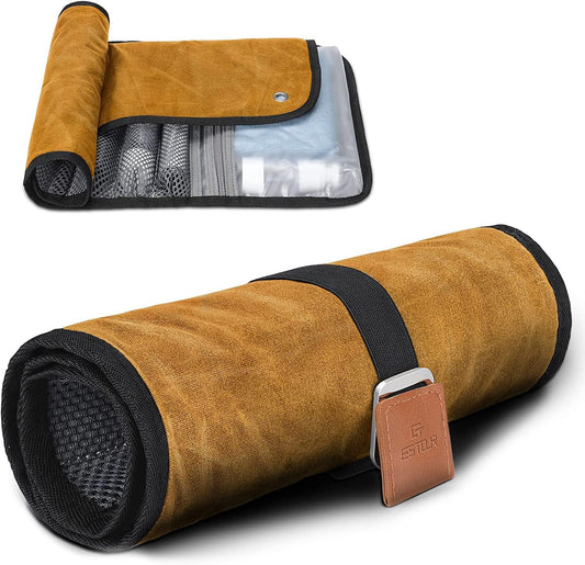 Toiletry Bag for Men, Travel Essentials Travel Toiletry Bag, Water-Resistant Compact Bathroom Roll Organizer for Hygiene, Shaving kit, Gifts for men (2.Khaki Yellow (Waxed Canvas))