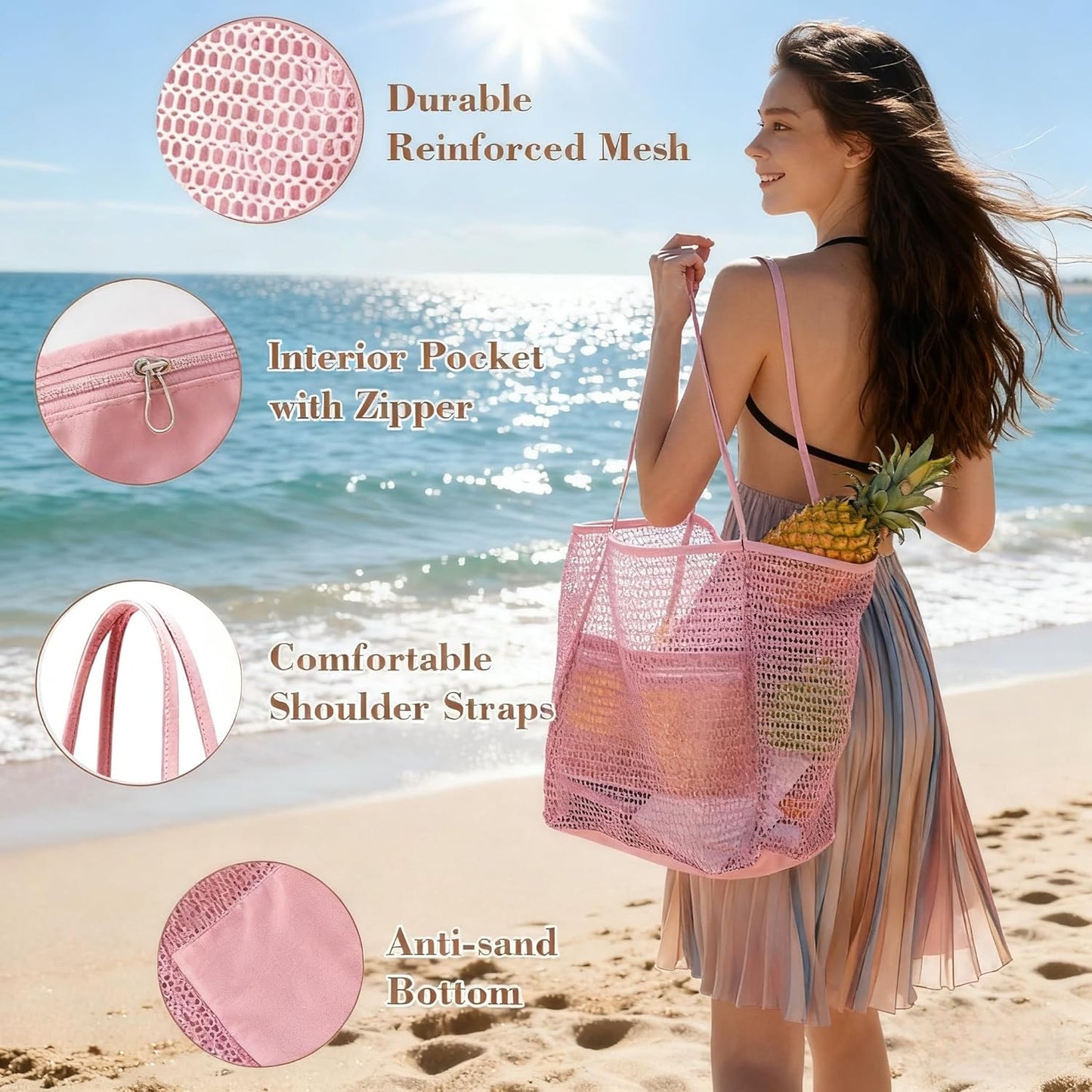Mesh Beach Bag with Women - Ventilated Mesh Design with Inner Pocket -Vacation & Travel Have,Woven Shoulder Handbag