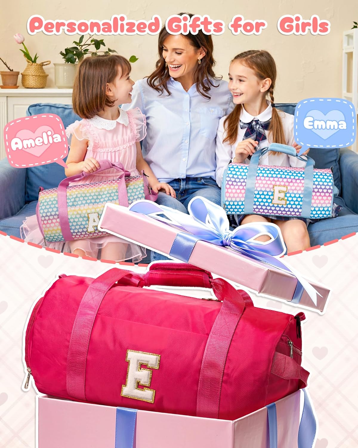 Gifts for Sporty Girl, Girls Travel Duffel Bag, Kids Initial Overnight Bags with Shoe Compartment, Customized Sport Gym Weekender Bag with Makeup Pouch, Birthday Gift for Sister (Letter C)