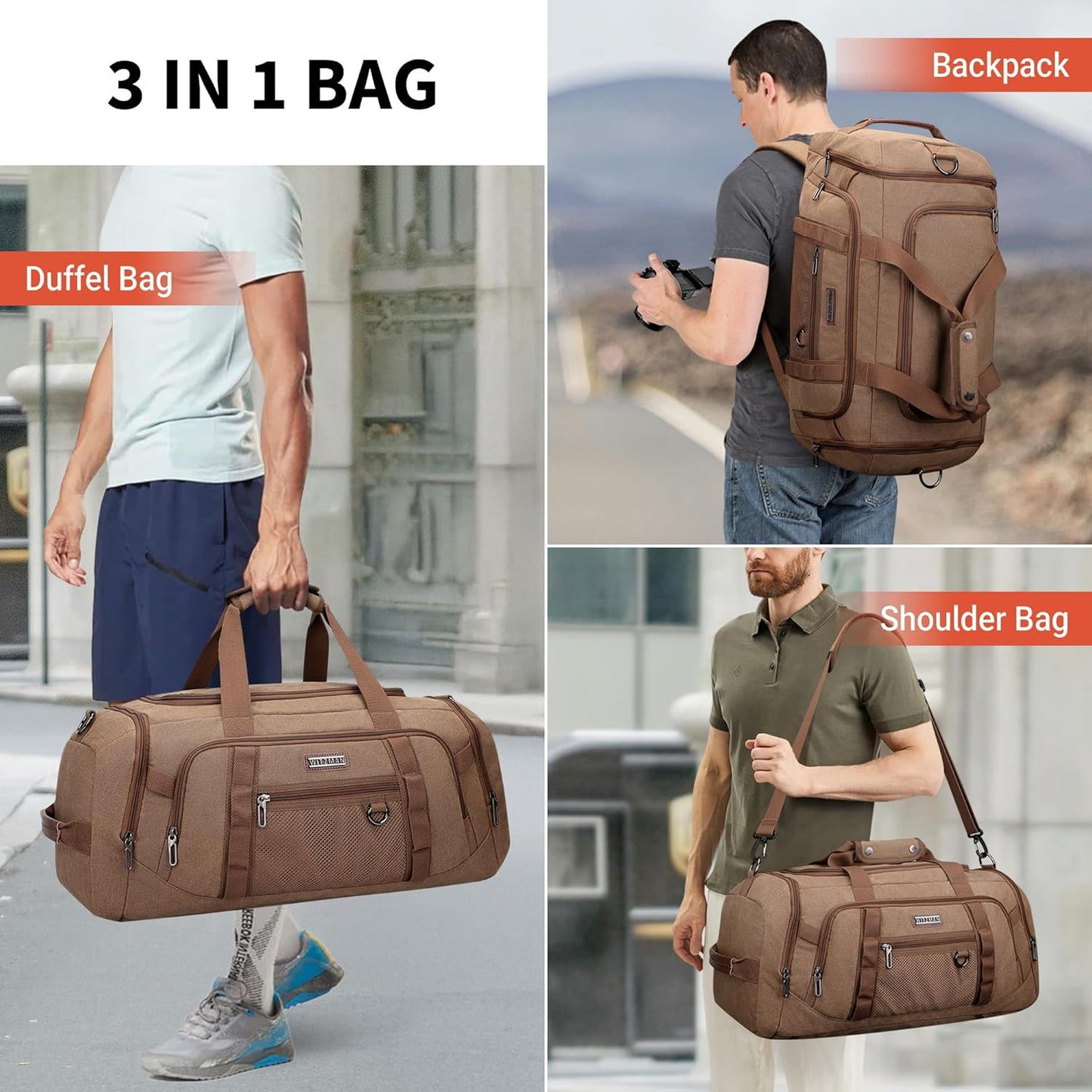 WITZMAN Canvas Duffel Bags for Men Traveling 3 in 1 Backpack Carry-on 40L Weekender Overnight Bag with Shoe Compartment(A8006/2 Brown)