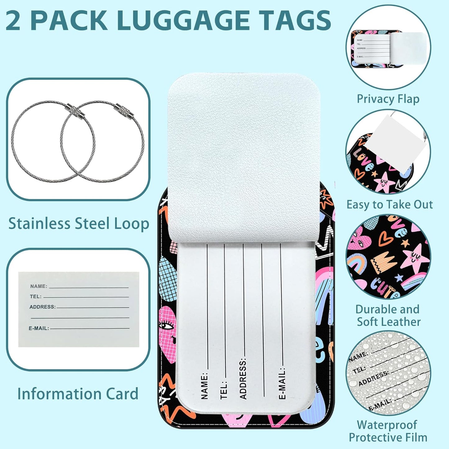 2 Pack Cute Luggage Tag for Suitcases Cute Abstract Print Leather Luggage Tags with Stainless Steel Loop Privacy Flap Name Tags,Men and Women Travel Bag Suitcase Tags