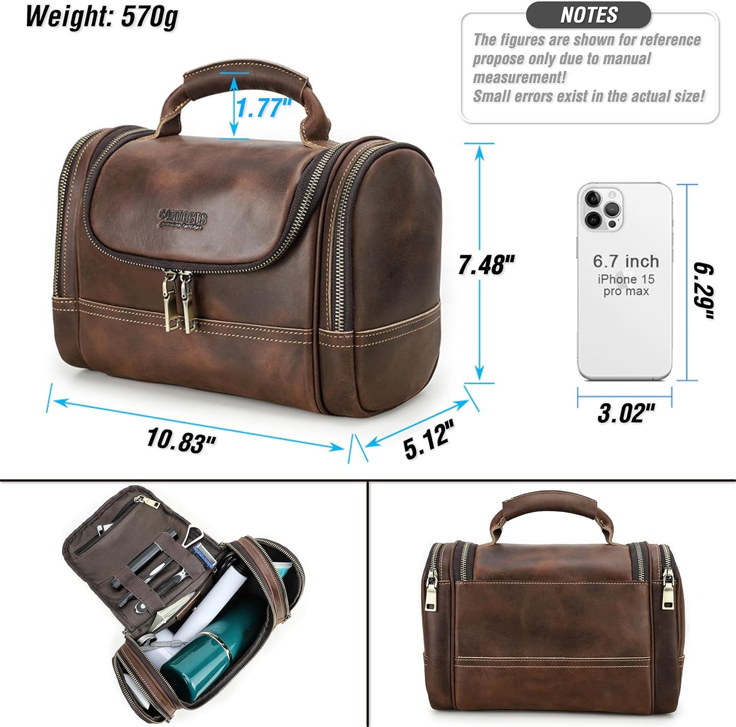 Top Grain Leather Travel Toiletry Bag Organizer for Man & Woman, Vintage Design, Large Size & Multi Pockets, Portable Large Capacity Travel Dopp Kit for Daily Toiletries/Cosmetics/Makeups, Coffee