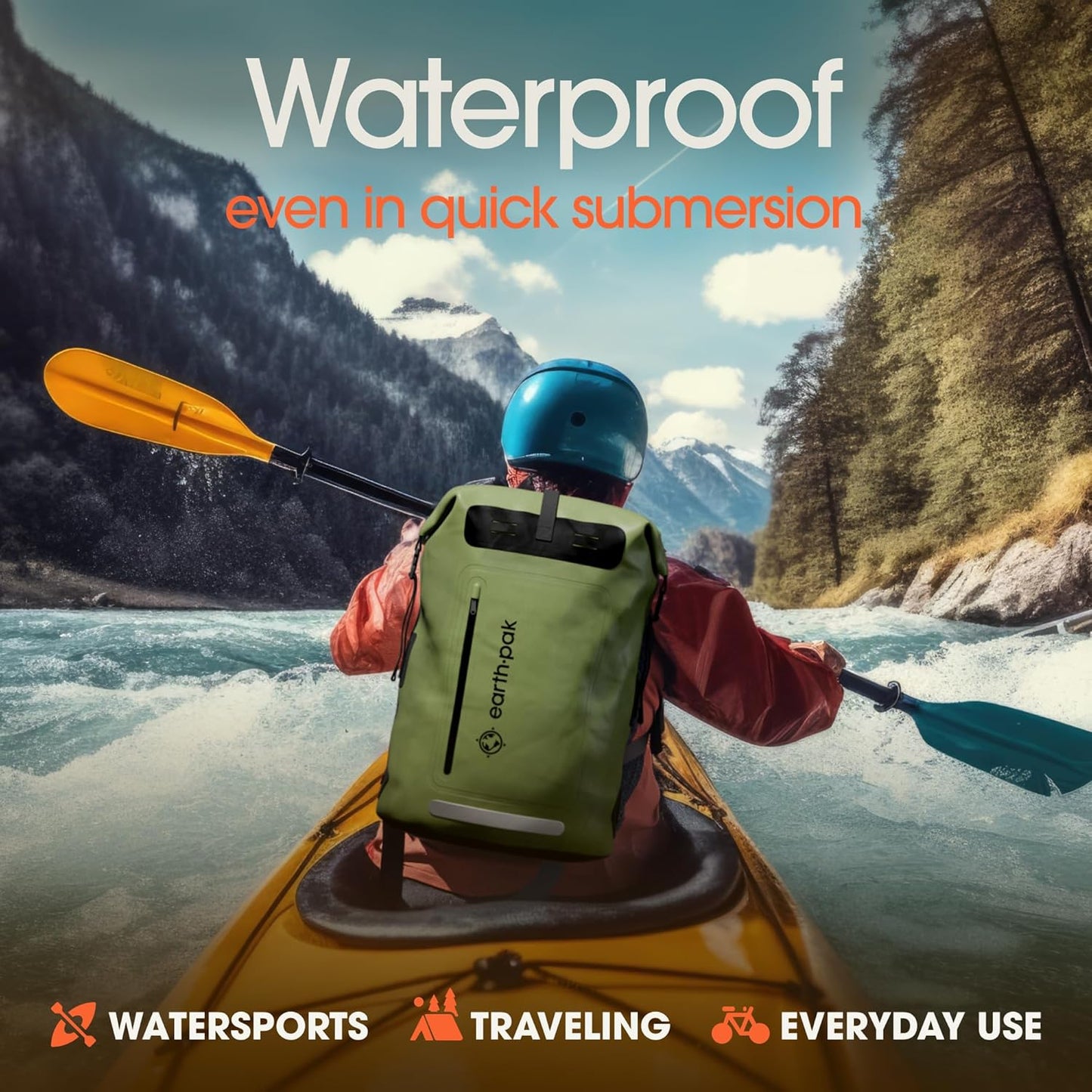 Earth Pak Waterproof Backpack - Heavy Duty Hiking Backpack - Roll-Top Closure Bag - Cushioned Dry
