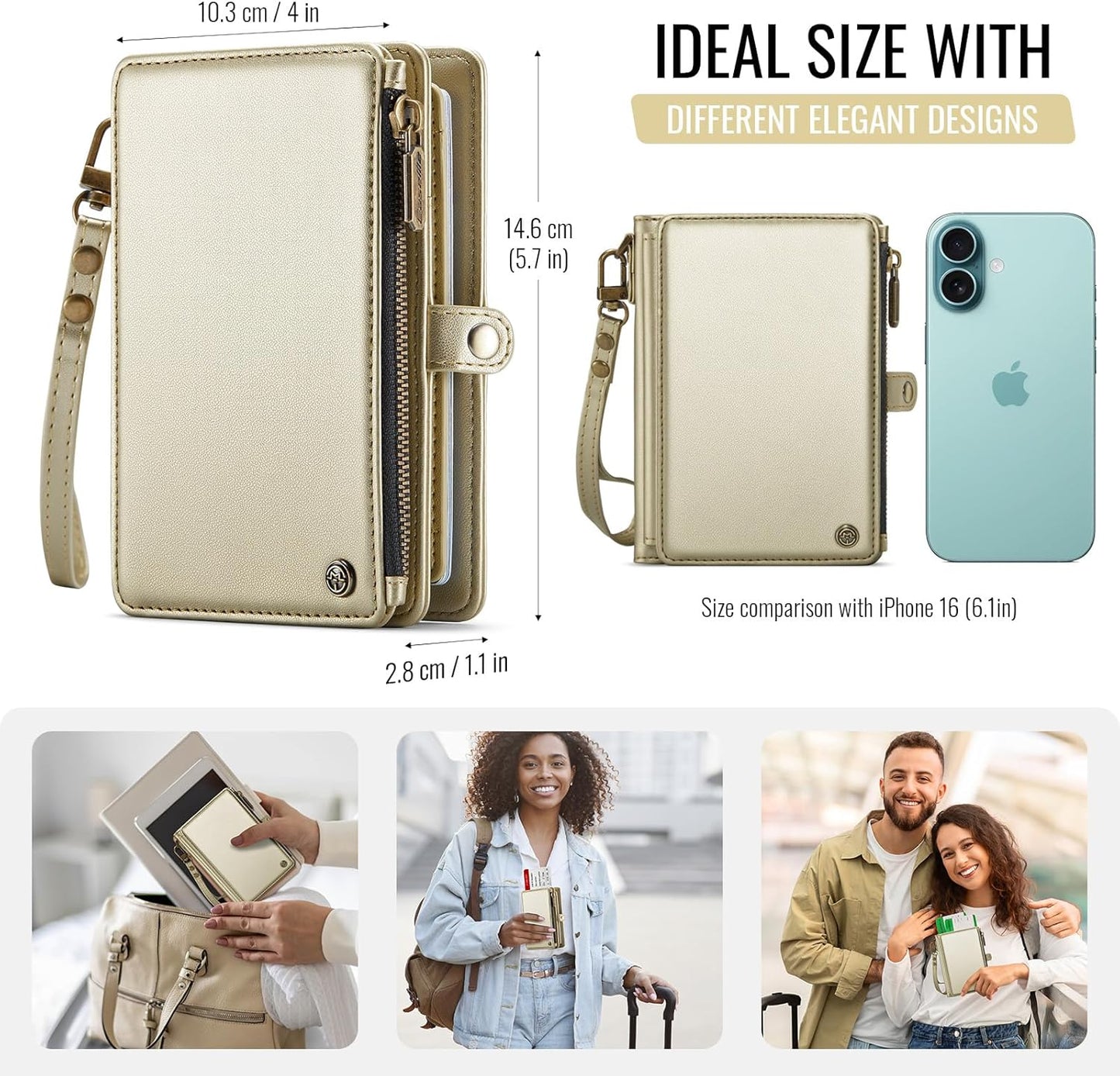 Passport Holder Wallet, 12 Card Slots RFID Blocking Travel Organizer, Zippered Coin Pocket & Detachable Wrist Strap Secure AMagnetic Closure Passport Case for Men & Women (Gold)