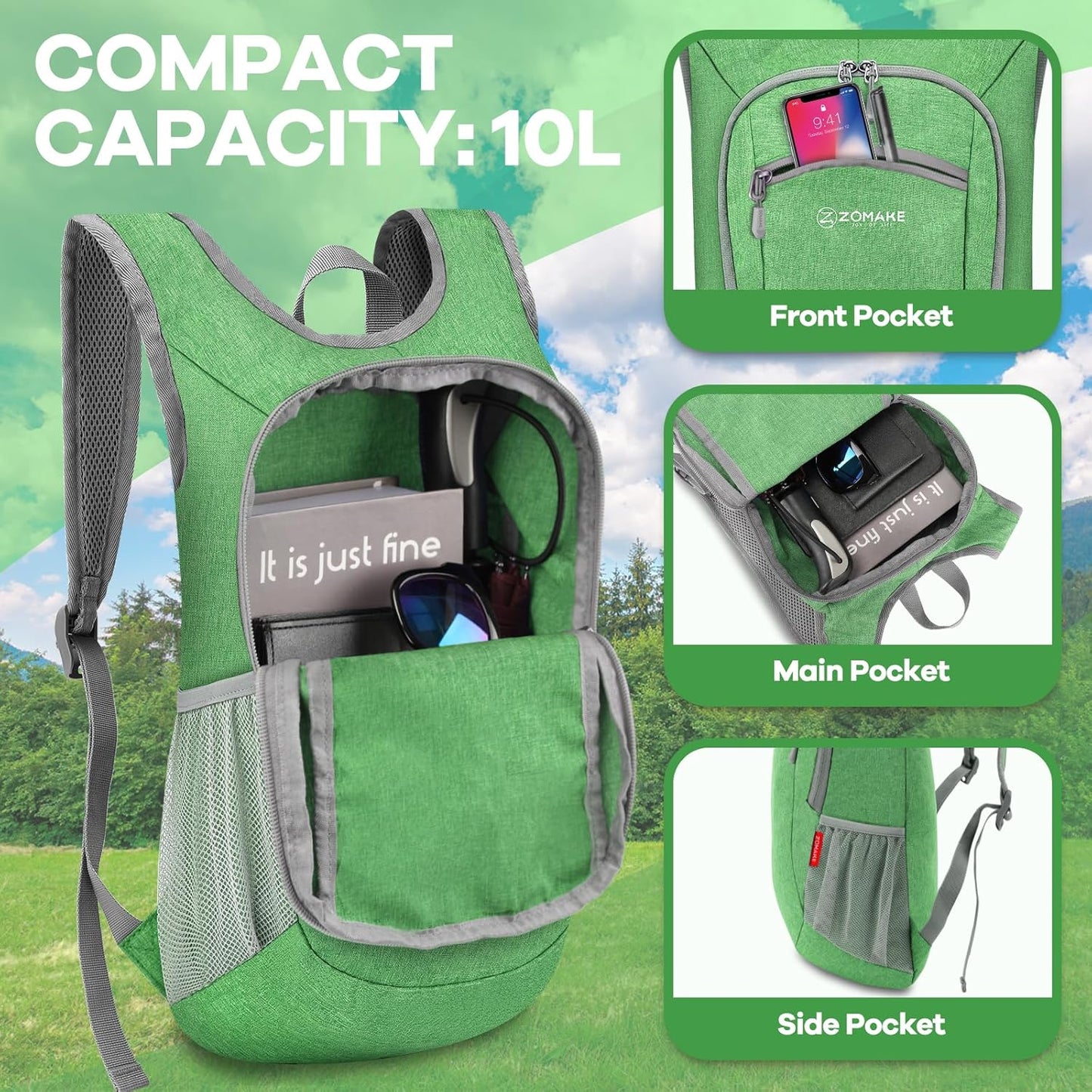 ZOMAKE Ultra Lightweight Packable Backpack 10L,Small Foldable Backpacks Hiking Water Resistant Collapsible Daypack for Women Men(Dark Green)