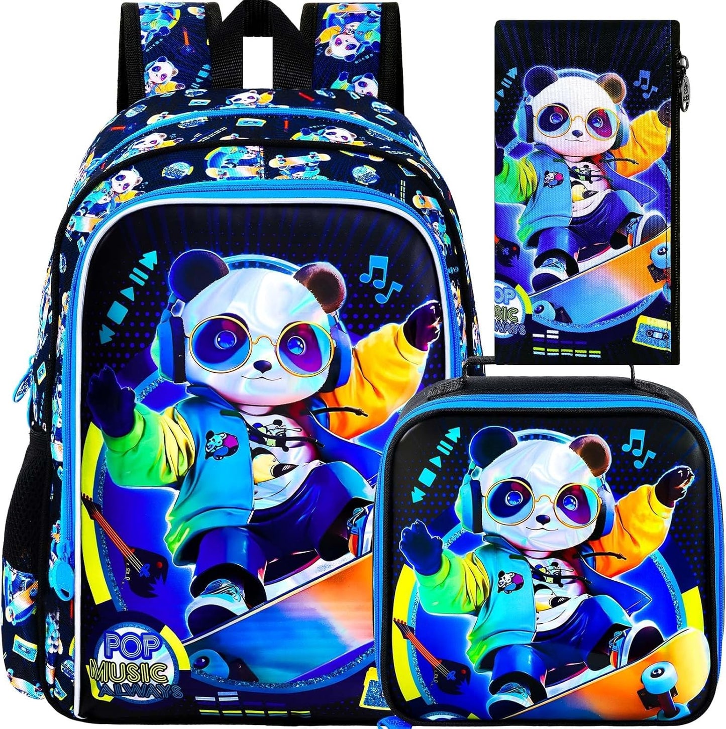 gxtvo 3PCS Panda Backpack for Boys, 16" Kids Bookbag with Lunch Box, Water Resistant Elementary Preschool Toddler School Bag