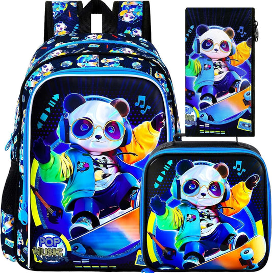 gxtvo 3PCS Panda Backpack for Boys, 16" Kids Bookbag with Lunch Box, Water Resistant Elementary Preschool Toddler School Bag