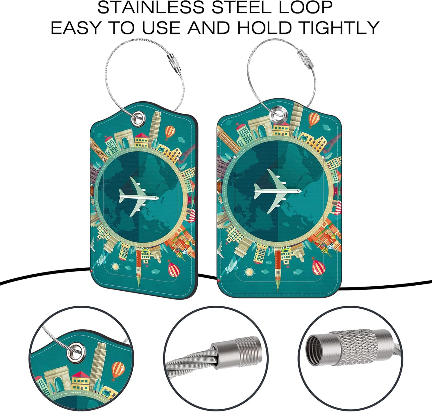 2 Pack Luggage Tags for Suitcase,Travel Around The World PU Leather Idea Baggage Tag with Name Labels Privacy Cover Metal Ring Men and Women Travel Cruise Labels