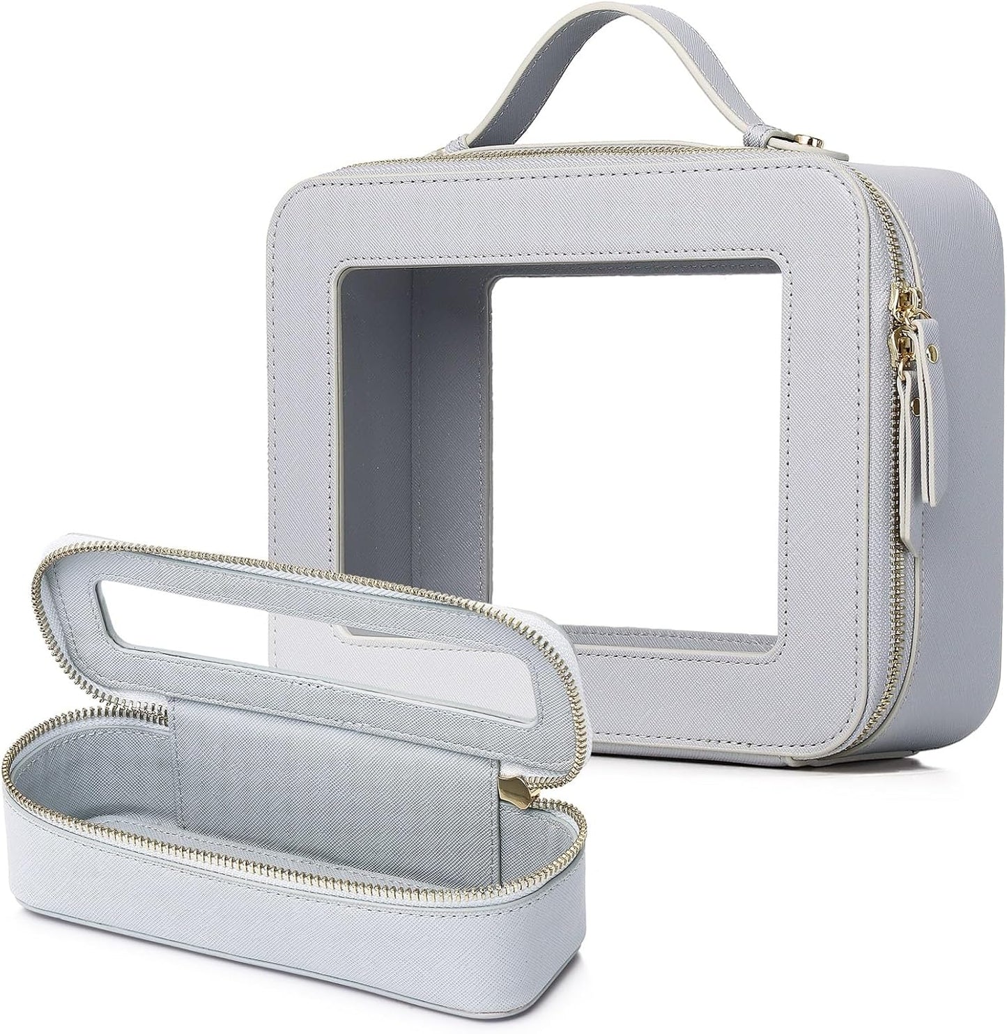 Clear Travel Makeup Bag with Brush Bag Portable Transparent Cosmetic Bag and Toiletry Bag Waterproof Clear Makeup Bag with Zipper Car Bag for Women (Gray, L+Slim)