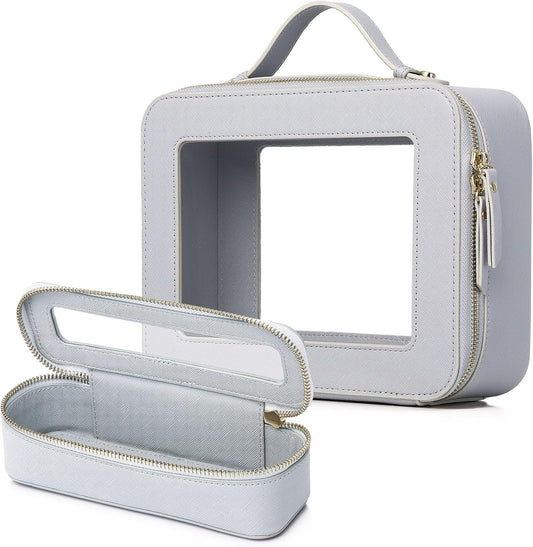 Clear Travel Makeup Bag with Brush Bag Portable Transparent Cosmetic Bag and Toiletry Bag Waterproof Clear Makeup Bag with Zipper Car Bag for Women (Gray, L+Slim)