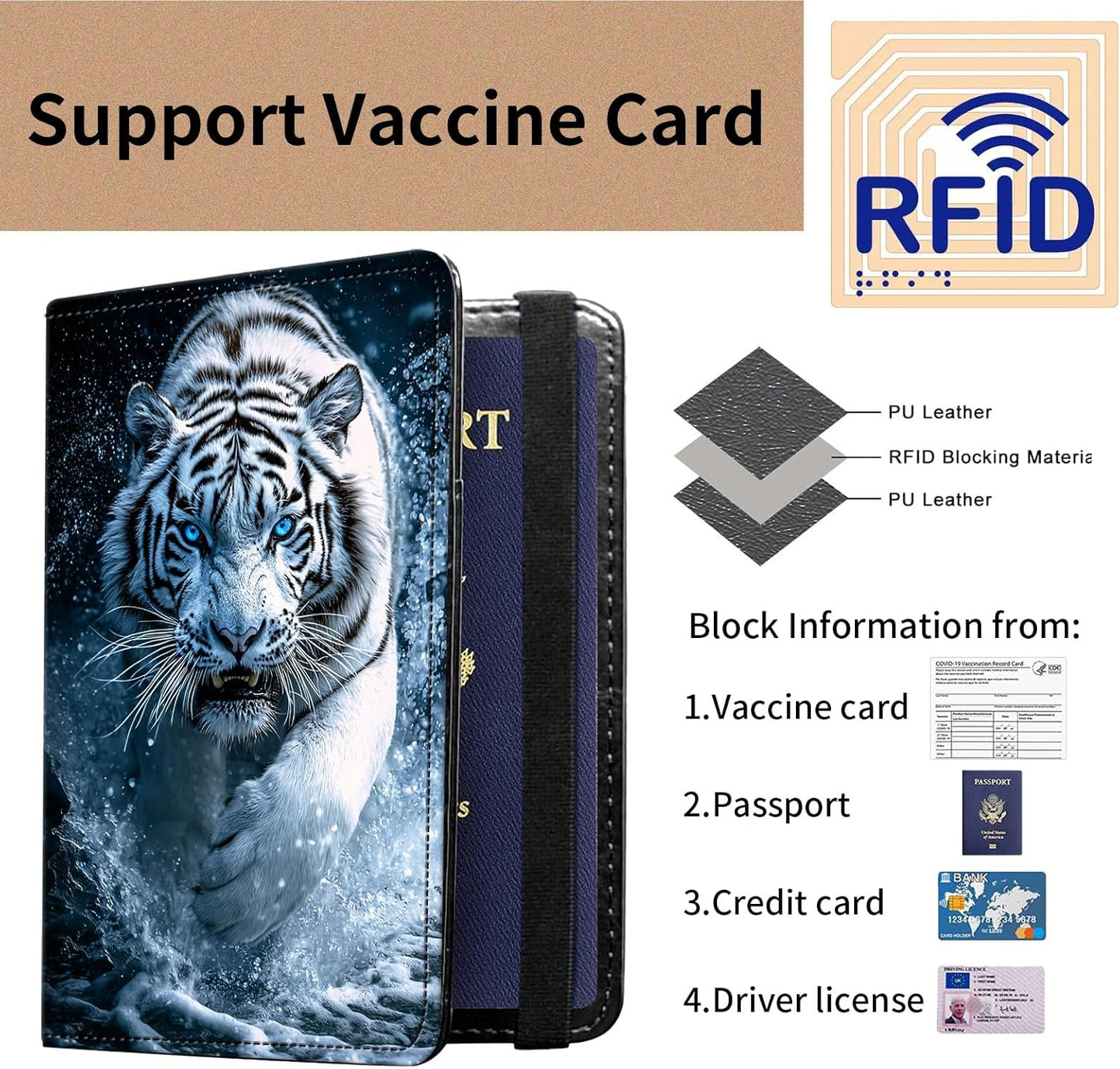 Passport and Vaccine Card Holder Cover Combo,Travel Passport Holder Wallet with RFID Blocking, Leather Vaccine Card Slot Passport Cover Case for Women & Men,White Tiger with Blue eyes