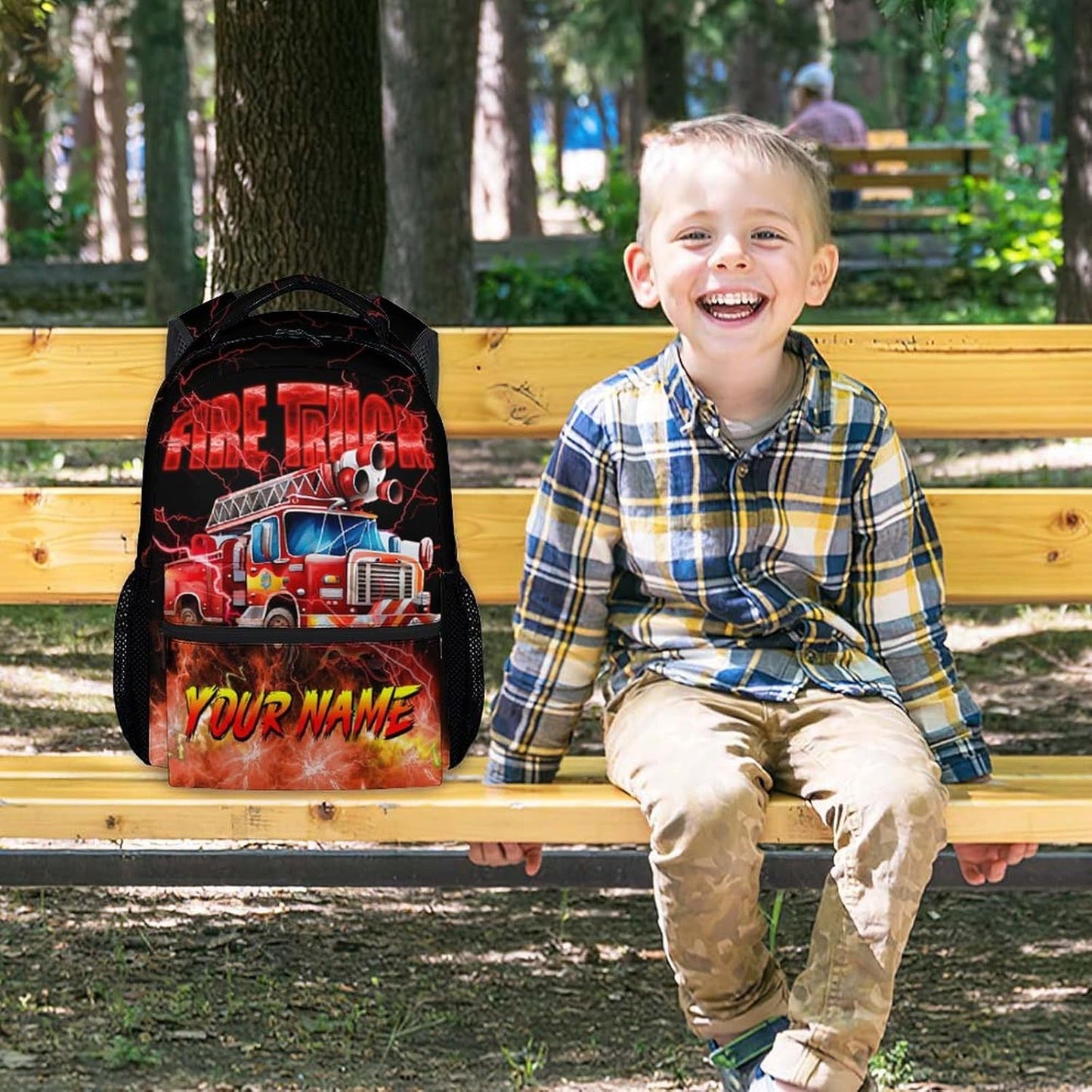 Personalized Backpack for School, Custom Boys Bookbag for Ages 6-8, Fire Truck Backpack with Lightning Print, 17 Inch Preschool Book Bag