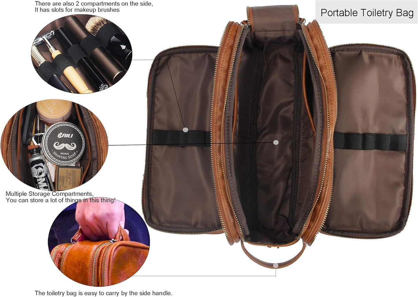 Personalized Leather Kit for Men Travel Toiletry Bag Cosmetic Shaving Bag Brown