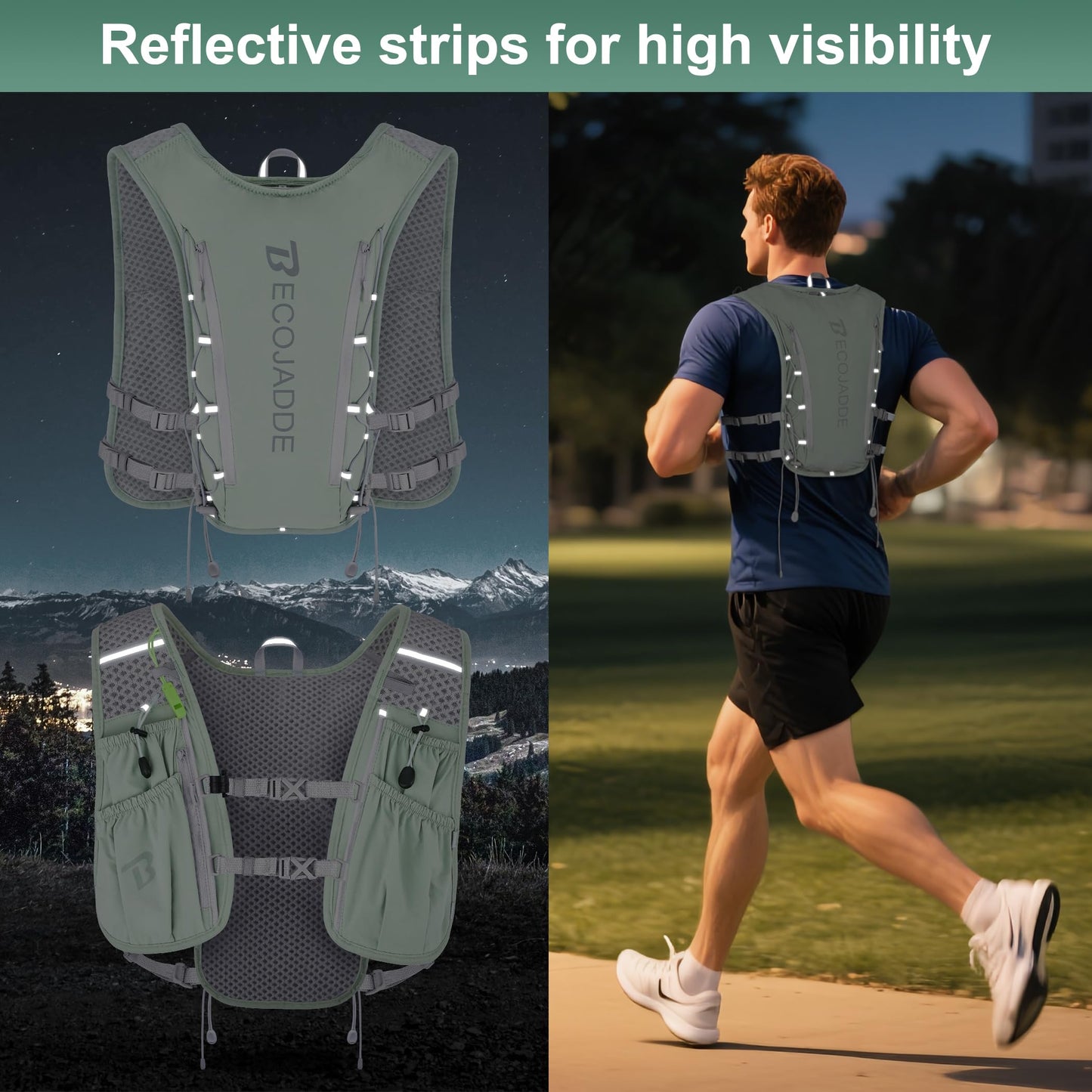 BECOJADDE Running Vest Hydration Backpack with Two 500ML Soft Water Bottles for Men Women, 5L