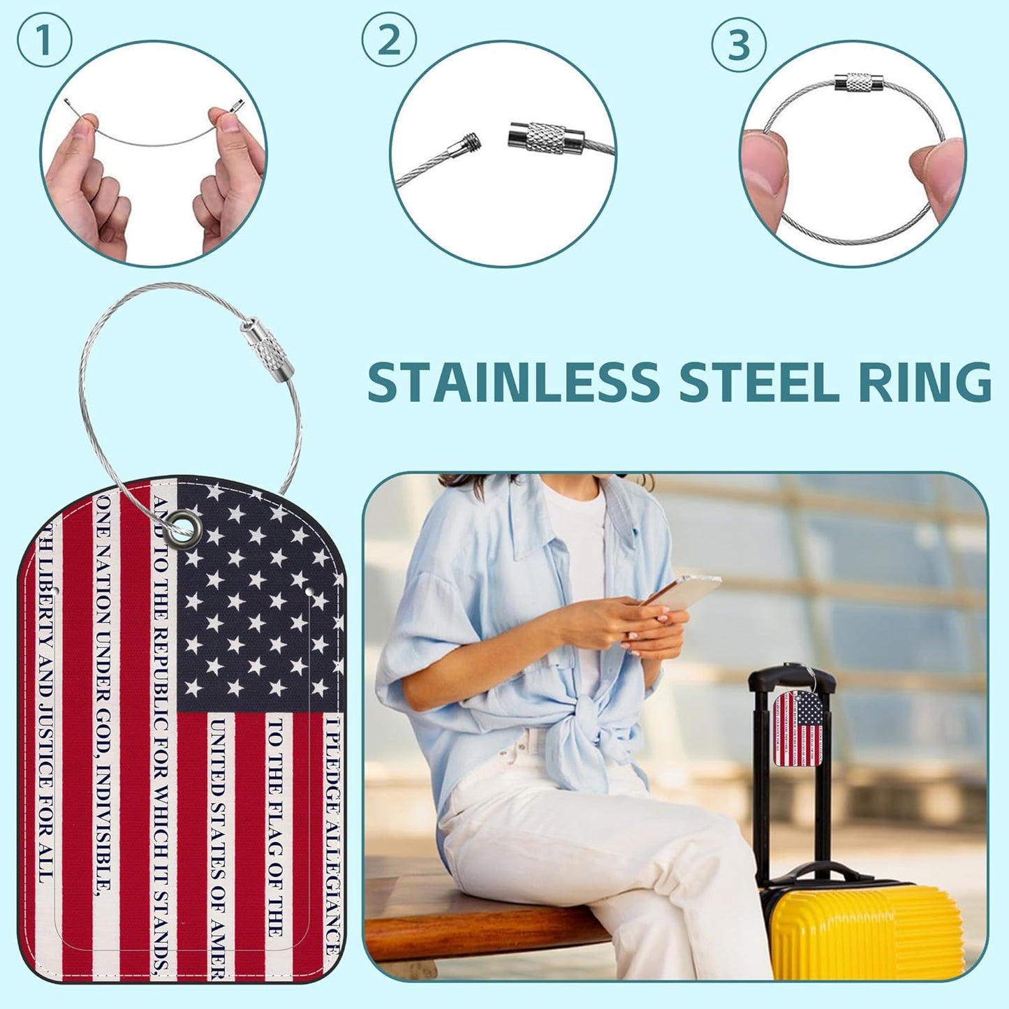2 Pack Cute Luggage Tag for Suitcases Us Flag Leather Luggage Tags with Stainless Steel Loop Privacy Flap Name Tags,Men and Women Travel Bag Suitcase Tags