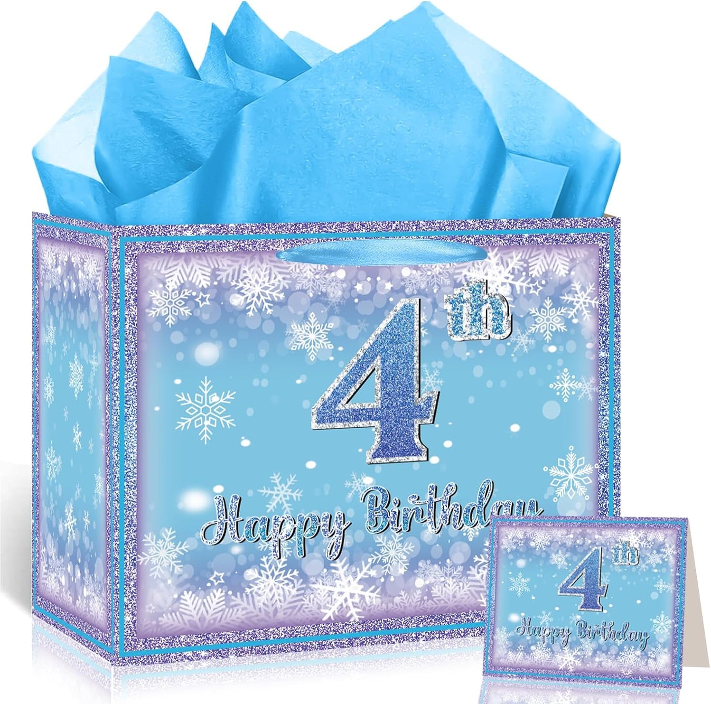 Frozen 4th Birthday Gift Bag for Girls, Large Purple Blue Snowflake Four Birthday Bags with Tissue Paper and Greeting Card Snow Frozen 4 Years Old Party Favor Bags for Girls 4th Bday Christmas Gift