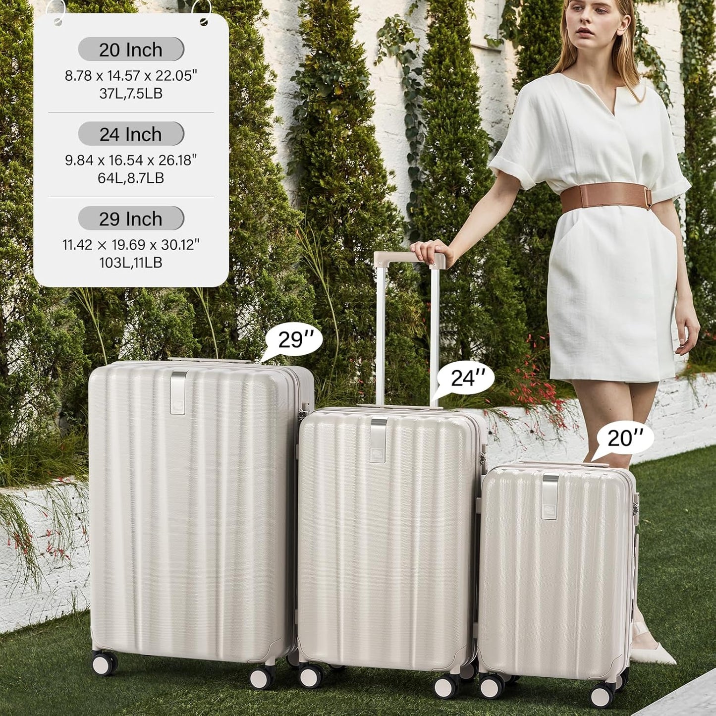 Hanke Hardshell Luggage Sets 3 Piece Extra Large Suitcases with Lock,28 Inch Luggage with Spinner Wheels, PC Travel Suitcase for Women Men 20 24 29Inch,Ivory White