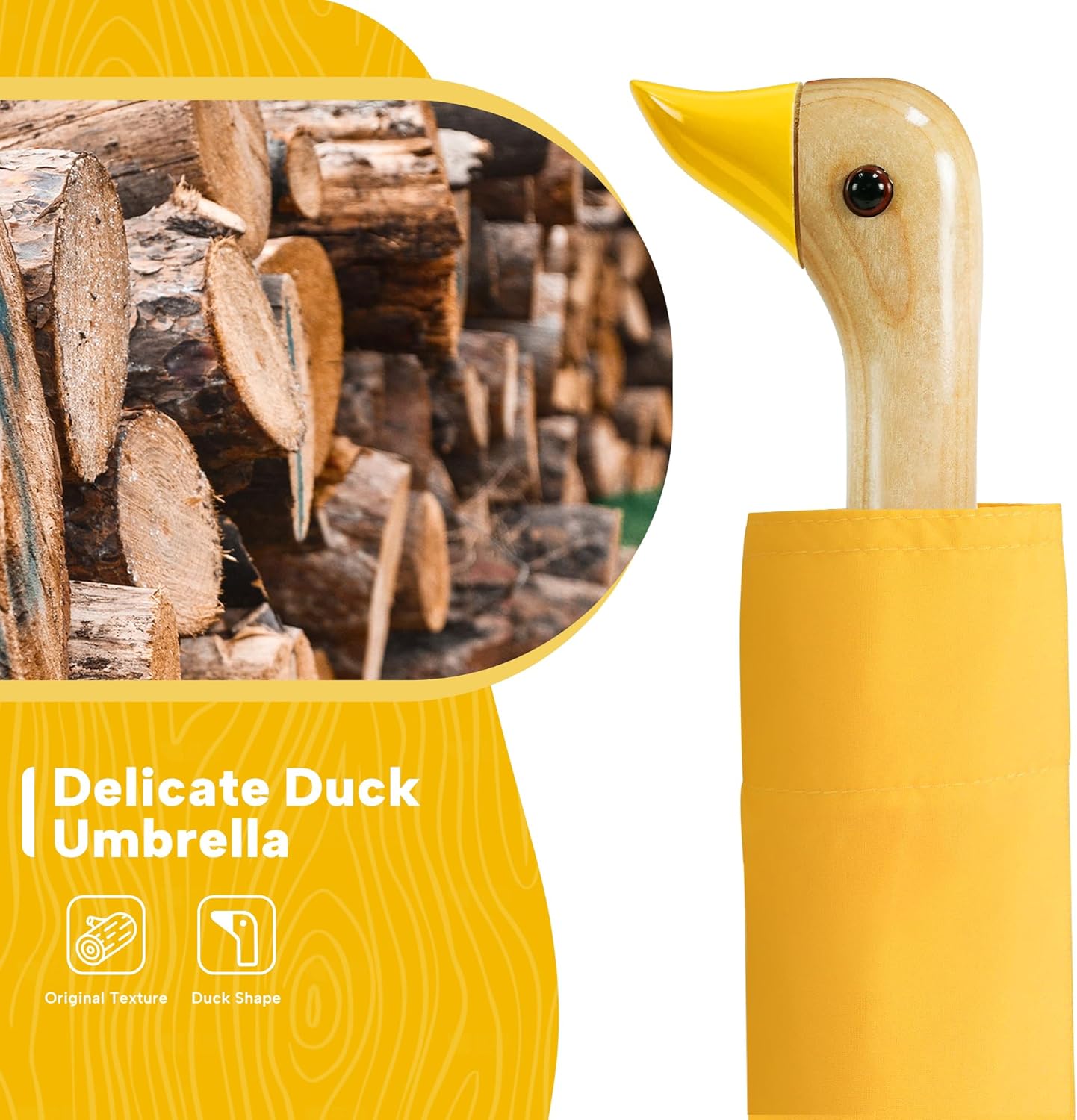 LEAGERA Compact Small Umbrellas for Rain&Sun, Cute Design Duck Head Umbrella for Girls Gifts, 8 Ribs Folding Umbrella with Wooden Handle