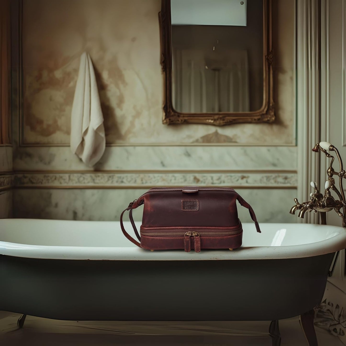 LEATHER VILLAGE Genuine Leather Dopp Kit – Large Travel Toiletry Bag with Waterproof Lining
