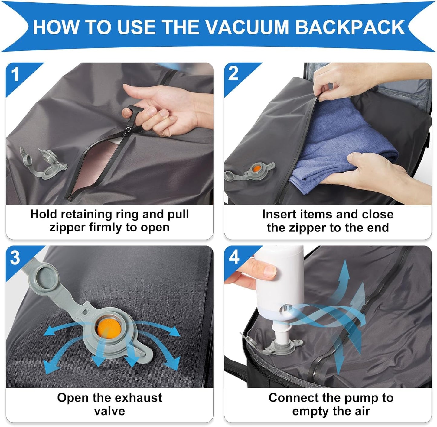 coowoz Vacuum Backpack Travel with Pump,Travel Backpack with Vacuum System For Women Men,Carry On Backpack,Hiking Backpack Waterproof Outdoor Sports Rucksack Casual Daypack,30L(Vacuum pump),Black