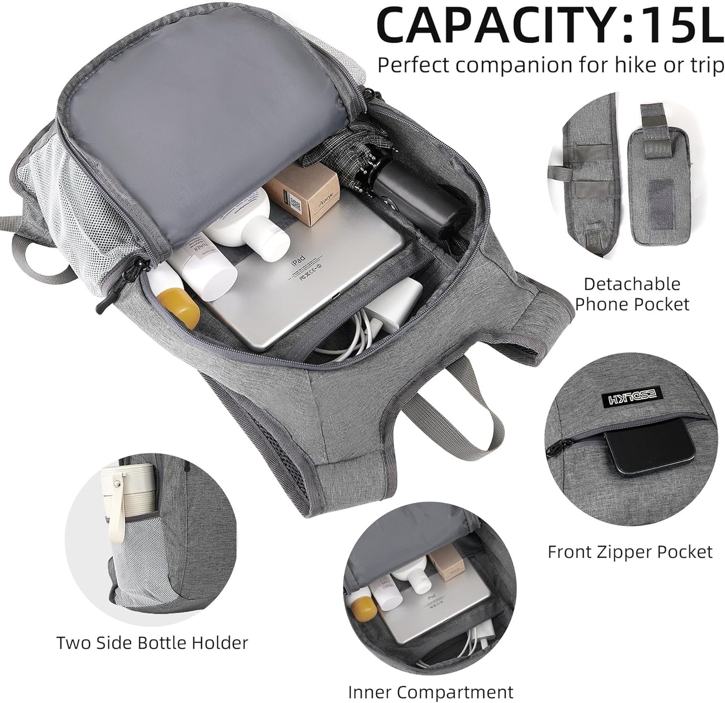 Small Hiking Backpack with Detachable Front Phone Holder, Foldable Packable Back pack with Chest and Waist Strap, Lightweight Daypack for Women Men (Gray, 15L)