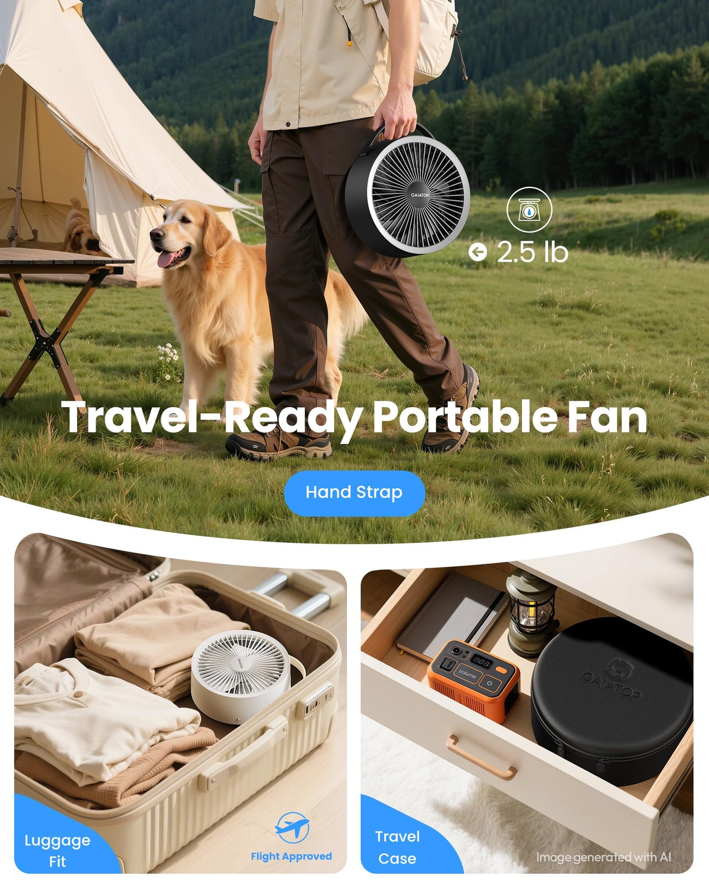 Gaiatop Portable Pedestal Fan 16000mAh Battery [Max 74h Runtime], Foldable Oscillating Standing
