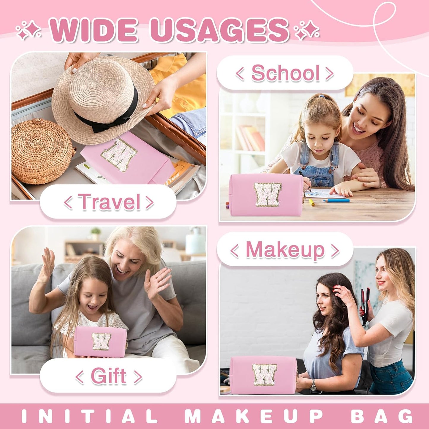 Small Personalized Initial A-Z Patch Makeup Bag,Pink Cute PU Leather Glitter Letter Cosmetic Bag for Teen Girls,Travel Toiletry Bag with Zipper,Preppy Monogrammed Birthday Gift for Daughter Niece W