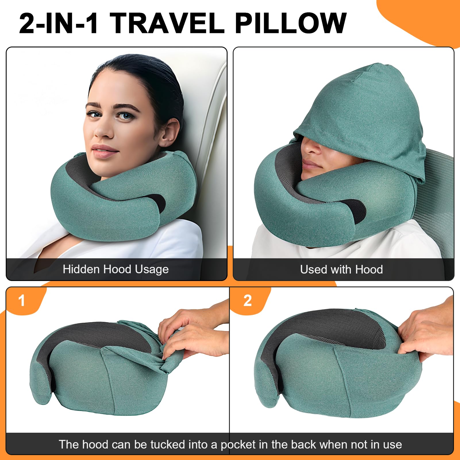 Vzpeun Travel Pillow - Hooded Neck Pillow Airplane Memory Foam Filling