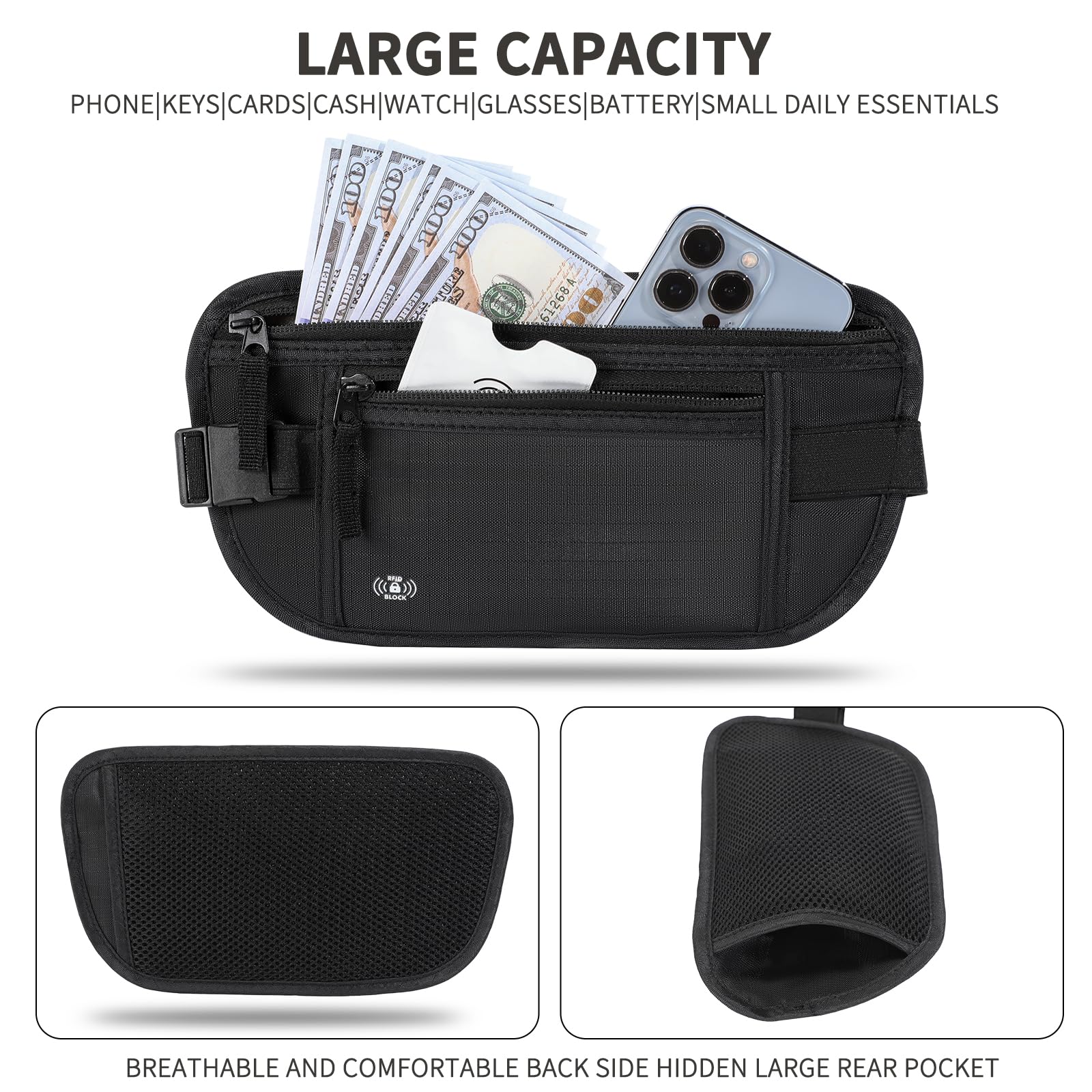 Money Belt for Travel, RFID Blocking, Hidden Money Belt, Passport Holder for Travel (Black)
