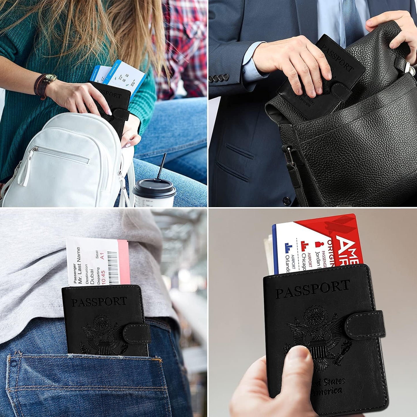 RSAquar Unisex Faux Leather Passport and Vaccine Card Holder Combo, Black, Slim and Lightweight with RFID Blocking Technology