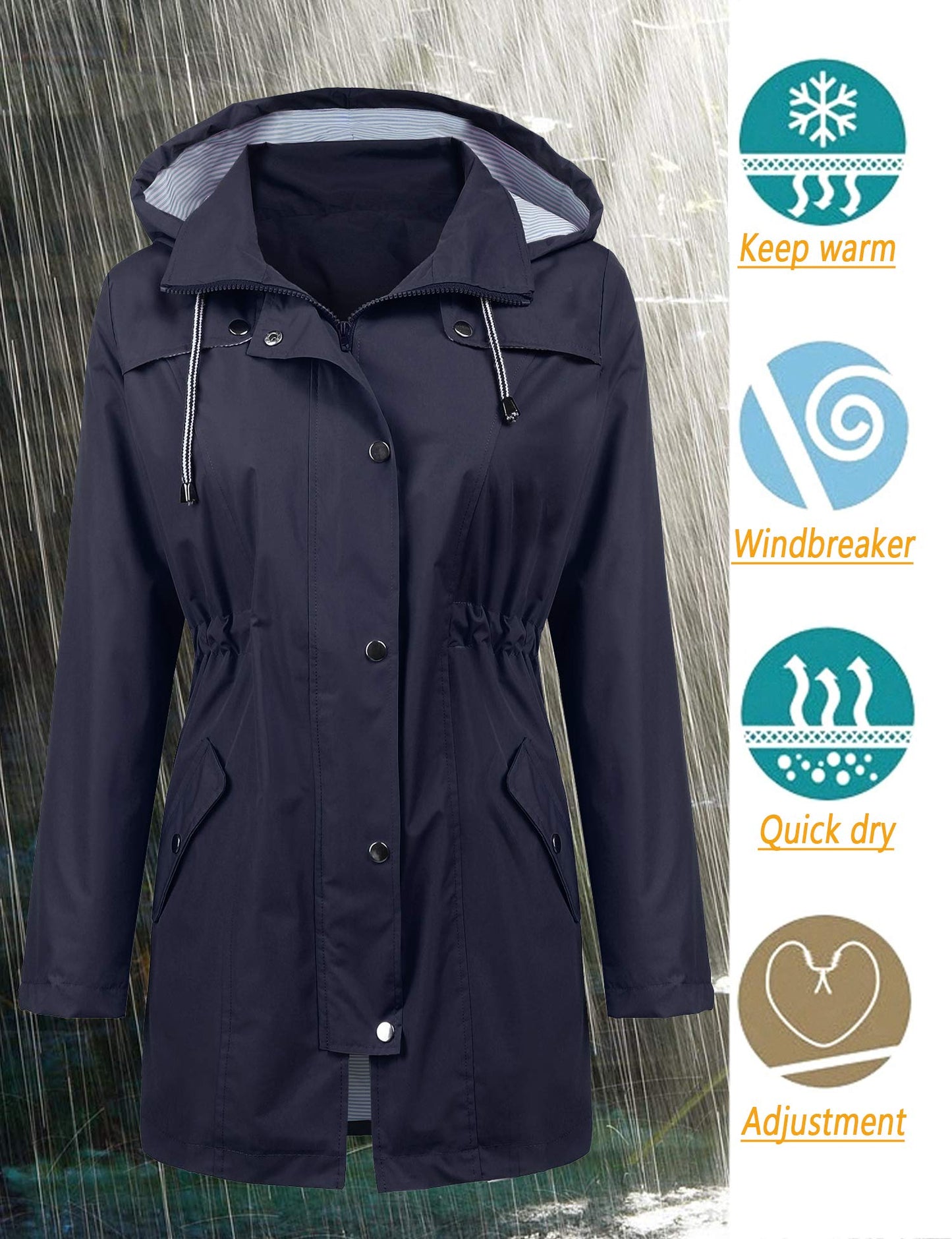 LOMON Women Rain Jacket Lightweight Travel Trench Waterproof Raincoat Hoodie Windproof Hiking Coat