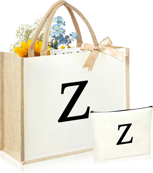 Initial Canvas Tote Bag & Makeup Bag for Women Teacher Bridesmaids，Personalized Present for Wedding, Birthday, Beach