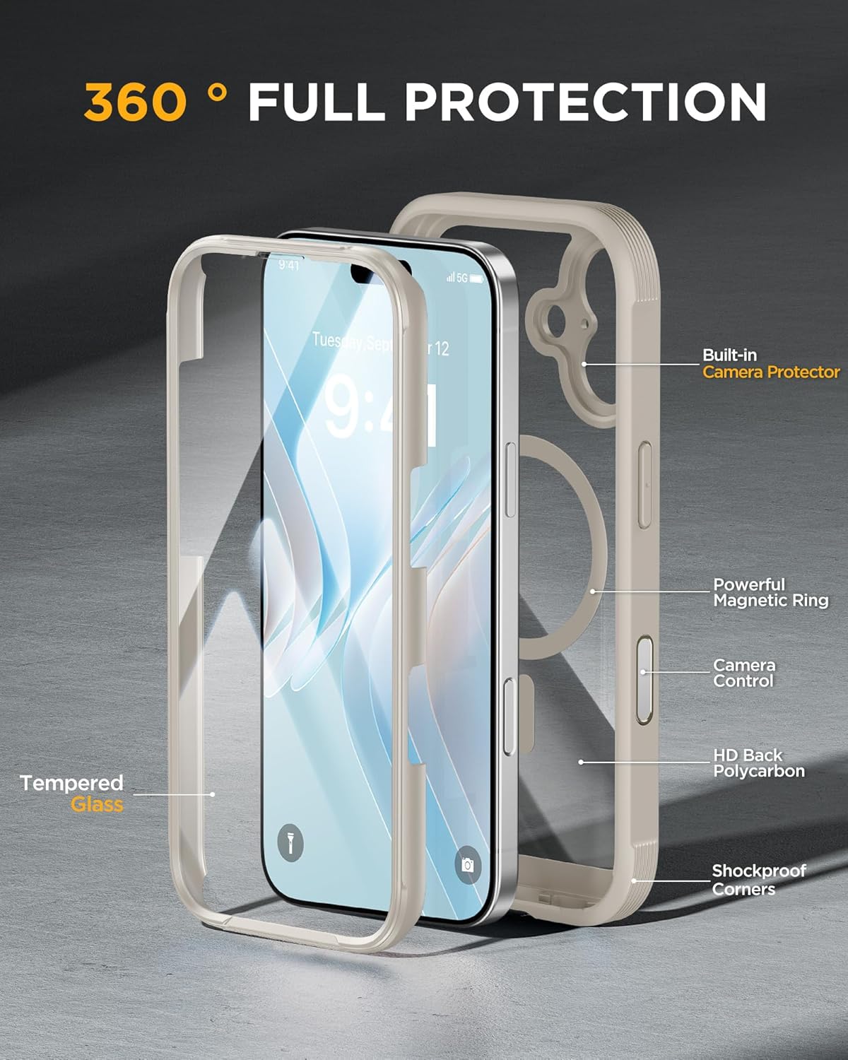 Miracase for iPhone 17 Case 6.3'', Full-Body Military Grade Drop Protection Outdoor Phone case with Built-in Glass Screen &Camera Control,Easy Installation,No Gap,Compatible with MagSafe, Gray