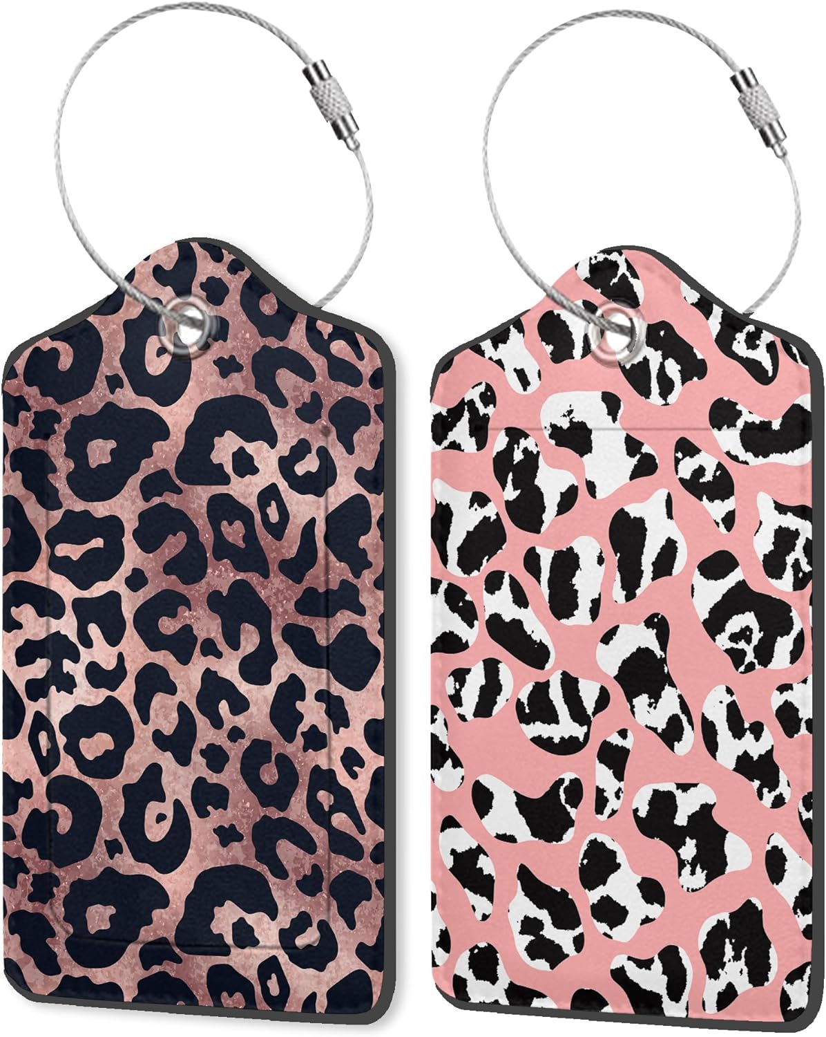Set of 2 Luggage Tags for Suitcases, Leather Abstract Leopard Pink Metallic Foil Texture Baggage Tags with Stainless Steel Loop, Privacy Name ID Card Cover Travel Labels for Women Men