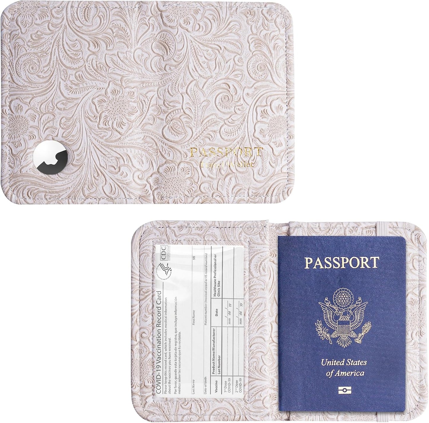 lizimandu Passport Holder with Airtag Slot, Airtag Passport Wallet for Men Women, Slim Leather Passport Holder Case Family for Travel Anti-Lost(1-Carved White)