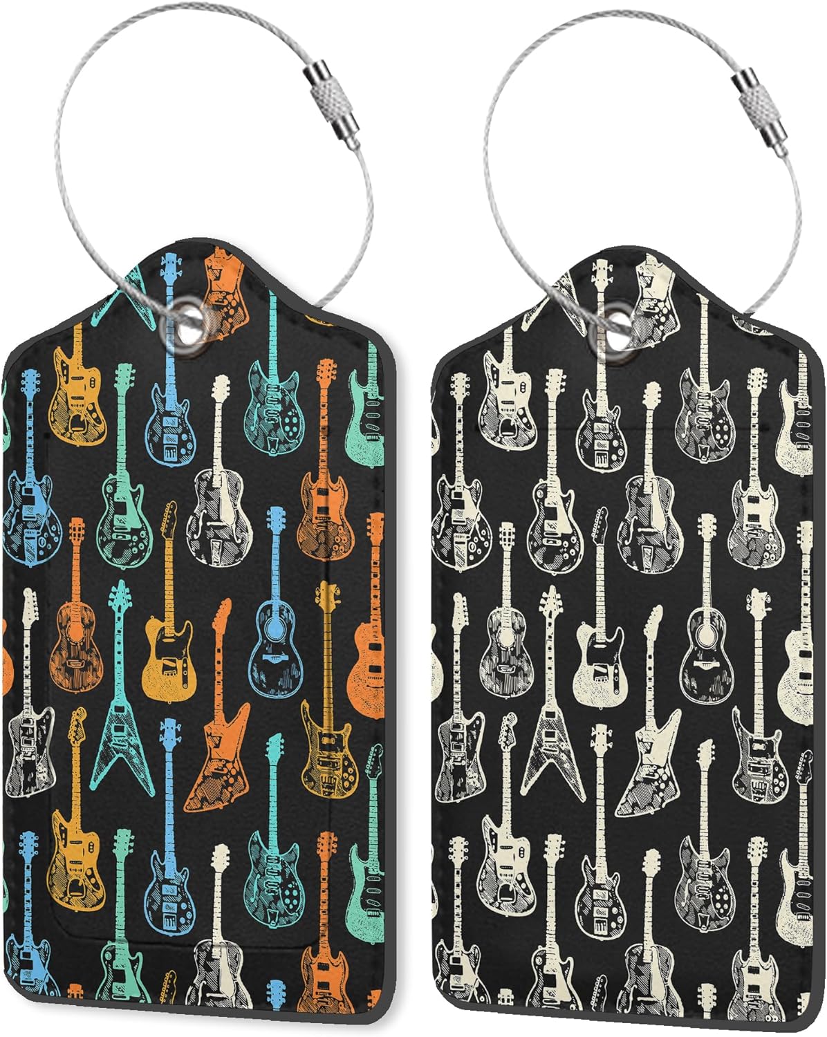 Set of 2 Luggage Tags for Suitcases, Leather Colorful Guitar Music Baggage Tags with Stainless Steel Loop, Privacy Name ID Card Cover Travel Labels for Women Men Kids Girls